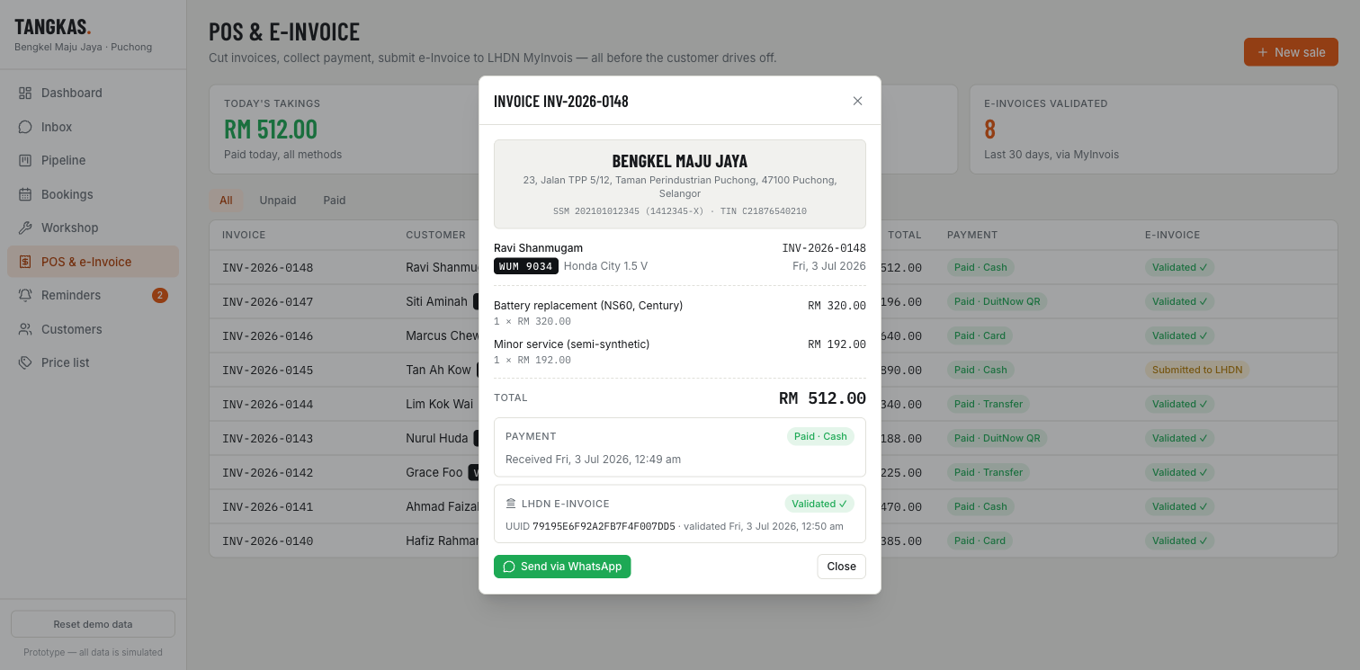 Tangkas POS and e-Invoice workspace showing invoice details and validation status