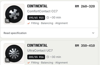 Tangkas public booking page showing the tyre catalogue with rim size, profile and brand filters, a tyre brand and model, its size, fitting time and price range