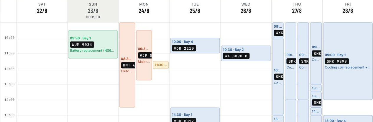 Tangkas bookings calendar showing a week of jobs allocated across four bays